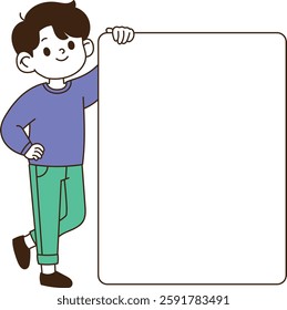 A man holding a guiding panel and smiling. minimal line art vector illustration.