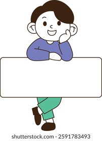 A man holding a guiding panel and smiling. minimal line art vector illustration.