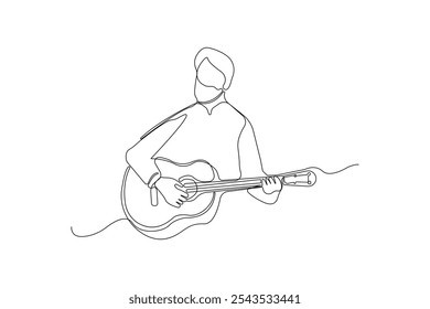 Man holding guitar one-line art drawing. Guitar musical instrument continuous outline vector.	