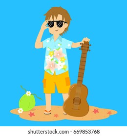 a man holding a guitar in summer vacation