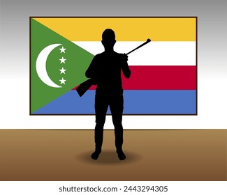Mann mit einer Waffe vor der Flagge der Komoren, Kampf oder Kriegsidee, Silhouette Mann mit einer Waffe, Krieg auf den Komoren, Militär oder Jagdkonzept, bewaffnete Person