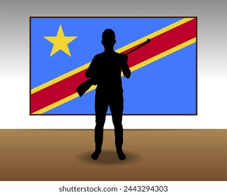 Man holding a gun in front of Congo Democratic Republic flag, fight or war idea, silhouette man with a weapon, war in Congo Democratic Republic, military or hunting concept, armed person