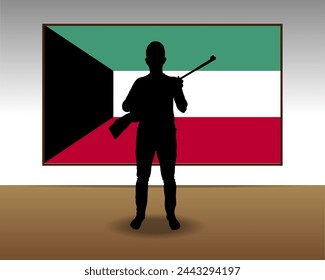 Mann mit einer Waffe vor der Flagge Kuwaits, Kampf oder Kriegsidee, Silhouette Mann mit einer Waffe, Krieg in Kuwait, Militär oder Jagdkonzept, bewaffnete Person