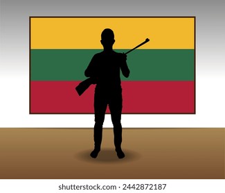 Man holding a gun in front of Lithuania flag, fight or war idea, silhouette man with a weapon, war in Lithuania, military or hunting concept, armed person