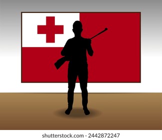 Man holding a gun in front of Tonga flag, fight or war idea, silhouette man with a weapon, war in Tonga, military or hunting concept, armed person