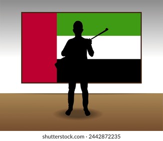 Hombre sosteniendo un arma frente a la bandera de los Emiratos Árabes Unidos, lucha o idea de guerra, silueta hombre con un arma, guerra en los Emiratos Árabes Unidos, militar o concepto de caza, persona armada
