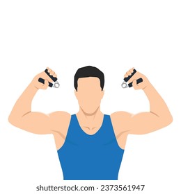 Hombre agarrando la mano del gimnasio con un ejercicio de recortes. Ejercicio del antebrazo o la muñeca. Ilustración vectorial plana aislada en fondo blanco