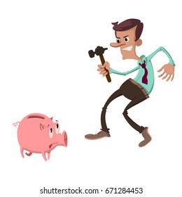 man holding hammer and catching a piggy bank with fear expression on its face