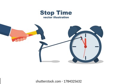 Man holding a hammer in hand drives a nail to stop time. Creative deadline solution. Stop time concept. Business metaphor. Vector illustration flat design. Detain clock hand.