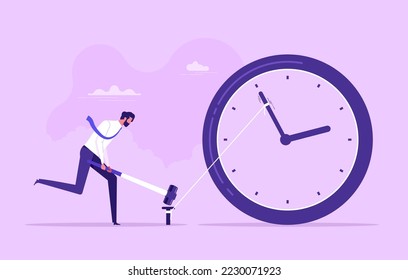 Man holding a hammer in hand drives a nail to stop time. Creative deadline solution. Time management, control business time or work deadline concept