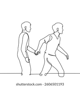 man holding hand another man - one line art vector. concept dominant and submissive or passive, bold and cowardly, confident and shy, male friendship