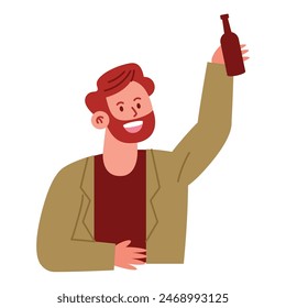 man holding in hand beer bottle celebrating