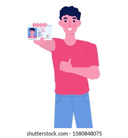 Man holding in hand car driver license plastic card. Vector illustration