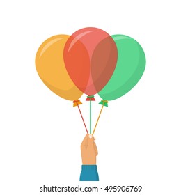 Man holding in hand a colorful balloons on a ribbon. Vector illustration flat design. Banner template for celebrations. Isolated on white background.