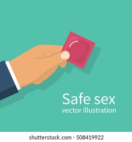 Man holding in hand condom. Concept safe sex, healthy lifestyle. Contraception. Show, give a condom. Vector illustration flat design. Isolated on background.