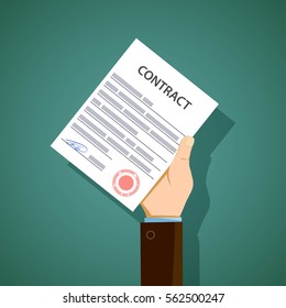 Man holding in hand a document contract. Stock vector illustration.