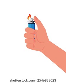 Hombre sosteniendo en la mano fuego gas encendedor de llama para cigarrillos Vector concepto de imagen plana fondo blanco Ilustración de stock