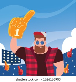 man holding a hand glove with number 1 fan, yellow foam finger vector illustration design