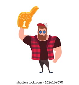 man holding a hand glove with number 1 fan, yellow foam finger vector illustration design