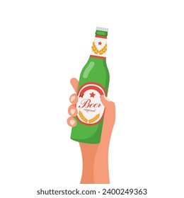 Hombre sosteniendo en mano una botella de cerveza verde con etiqueta. Diseño plano de ilustración vectorial. Aislado sobre fondo blanco. Botella de agua de vidrio en el brazo.