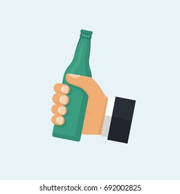 Man holding in hand green beer bottle without label. Vector illustration flat design. Isolated on white background. Glass bottle of water in arm.