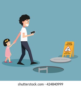 Man holding a hand little girl,Smartphone addiction.watch your step caution sign. danger of falling isolated illustration vector