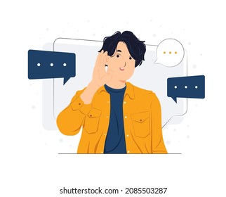 Man holding hand near ear, speaking, listening, hearing, whispering, curiosity, gossip, deafness, and pay attention concept illustrations