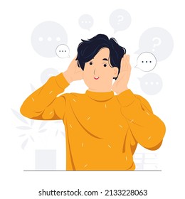 Man holding hand near ear, speaking, listening, hearing, whispering, curiosity, gossip, deafness, and pay attention concept illustration