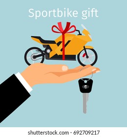 Man holding in hand on palm sportbike with red ribbon. Sportbike gift concept, vector illustration