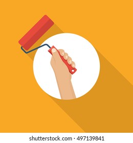 Man holding in hand paint roller, icon in flat style design. Painting service logo. Vector illustration. Renovation concept.