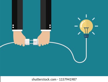 Man holding in hand plug and socket to connect an idea. Vector illustration