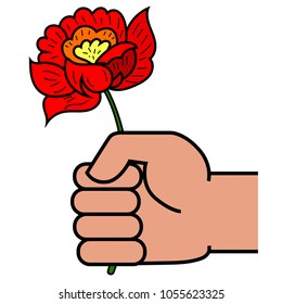 Man holding in hand red flower. Give flowers. Vector illustration.