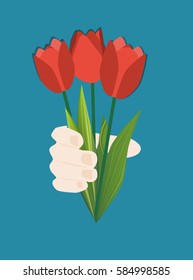 Man holding in hand three red tulip. Give flowers. Greeting card. vector illustration in flat design