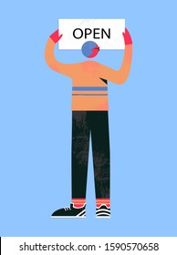 Man holding in hands banner with open lettering. Vector cartoon bold male back view and info board informing about shop or cafe opening, flat illustration