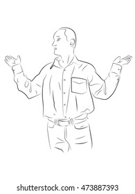 Man holding hands in confused pose. Pencil drawing.