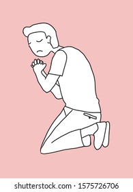 A man holding hands crossed and sitting kneel, entreating concept with a soft pink background. Hand-drawn line art vector illustration.