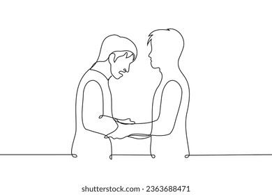 man holding hands of crying man - one line art vector. concept man comforts, consoles, calms man