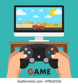 Man holding in hands gamepad and playing videogame. Vector flat illustration.