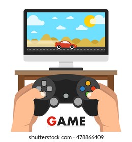 Man holding in hands gamepad and playing videogame. Vector flat illustration.