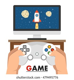 Man holding in hands gamepad and playing videogame. Vector flat illustration.