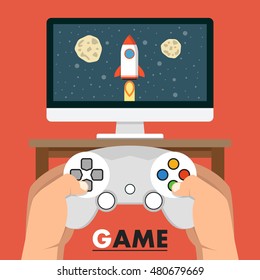 Man holding in hands gamepad and playing videogame. Vector flat illustration.