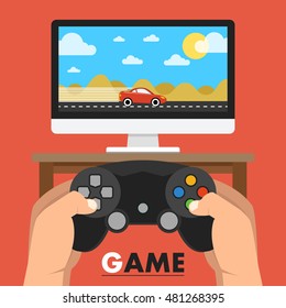 Man holding in hands gamepad and playing videogame. Vector flat illustration.