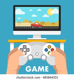 Man holding in hands gamepad and playing videogame. Vector flat illustration.