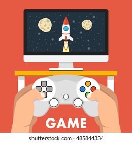 Man holding in hands gamepad and playing videogame. Vector flat illustration.