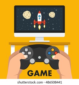 Man holding in hands gamepad and playing videogame. Vector flat illustration.