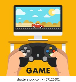 Man holding in hands gamepad and playing videogame. Vector flat illustration.