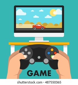 Man holding in hands gamepad and playing videogame. Vector flat illustration.