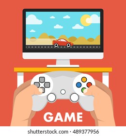 Man holding in hands gamepad and playing videogame. Vector flat illustration.