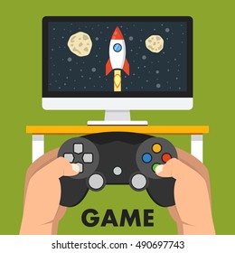 Man holding in hands gamepad and playing videogame. Vector flat illustration.