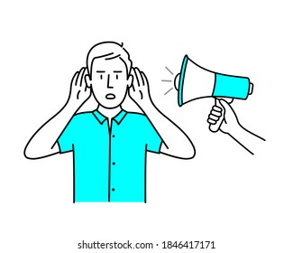 Man holding hands near his ears and trying to hear gesture. Hand holding megaphone. Vector illustration.